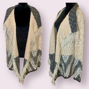 Lovestitch Open Front Chunky Boho Cardigan Fringes Cream Gray Medium